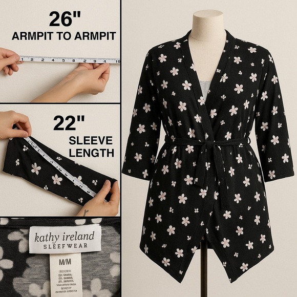 Kathy Ireland Sleepwear Robe Black Floral Rayon Spandex Loungewear Size M - Picture 4 of 4